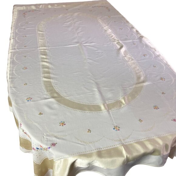 Vintage Hand Embroidered Yellow Jacquard Tablecloth Large 51" x 84" - Picture 1 of 14